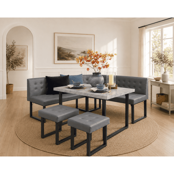 XIAO WEI 72" Corner Dining Set with Storage Bench, L-Shaped, Seats 6, Grey