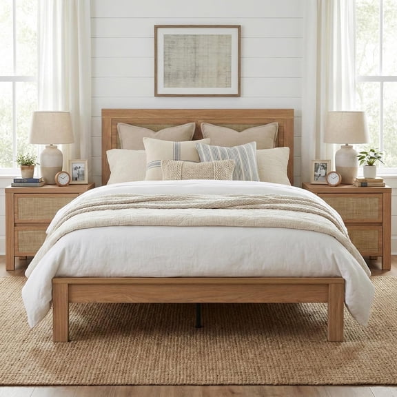 XIAO WEI Boho Full Wood Bed Frame with Tall Rattan Headboard, Wooden Support Slats, Noise-Free, No Box Spring Needed/Easy Assembly/Under Bed Storage