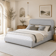 XIAO WEI Boucl  Cloud Full Bed, Grey, Round Corner Headboard, Solid Wood Legs, Wooden Slats, No Box Spring, Easy Assembly