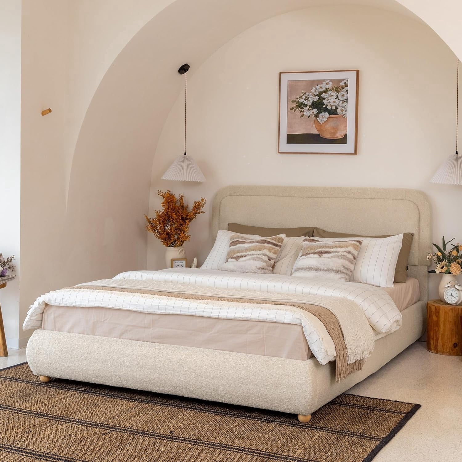 XIAO WEI Bouclé Cloud Full Bed, Khaki, Round Corner Headboard, Solid Wood Legs, Wooden Slats, No Box Spring, Easy Assembly