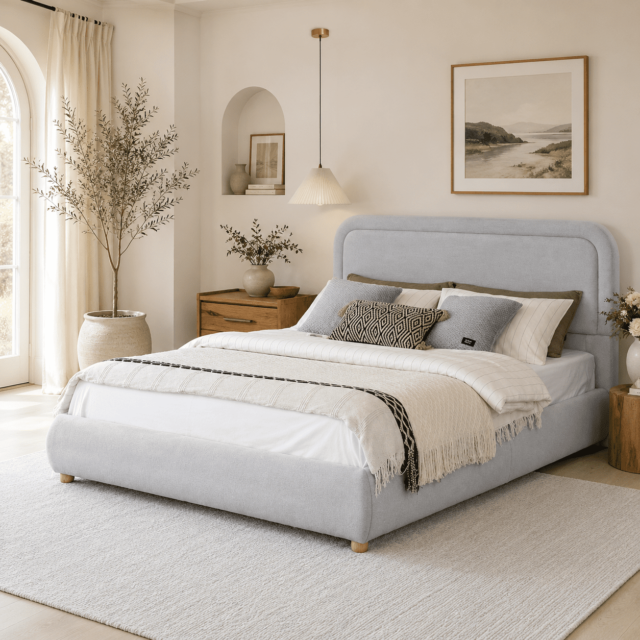 XIAO WEI Bouclé Cloud Queen Bed, Grey, Round Corner Headboard, Solid Wood Legs, Wooden Slats, No Box Spring, Easy Assembly