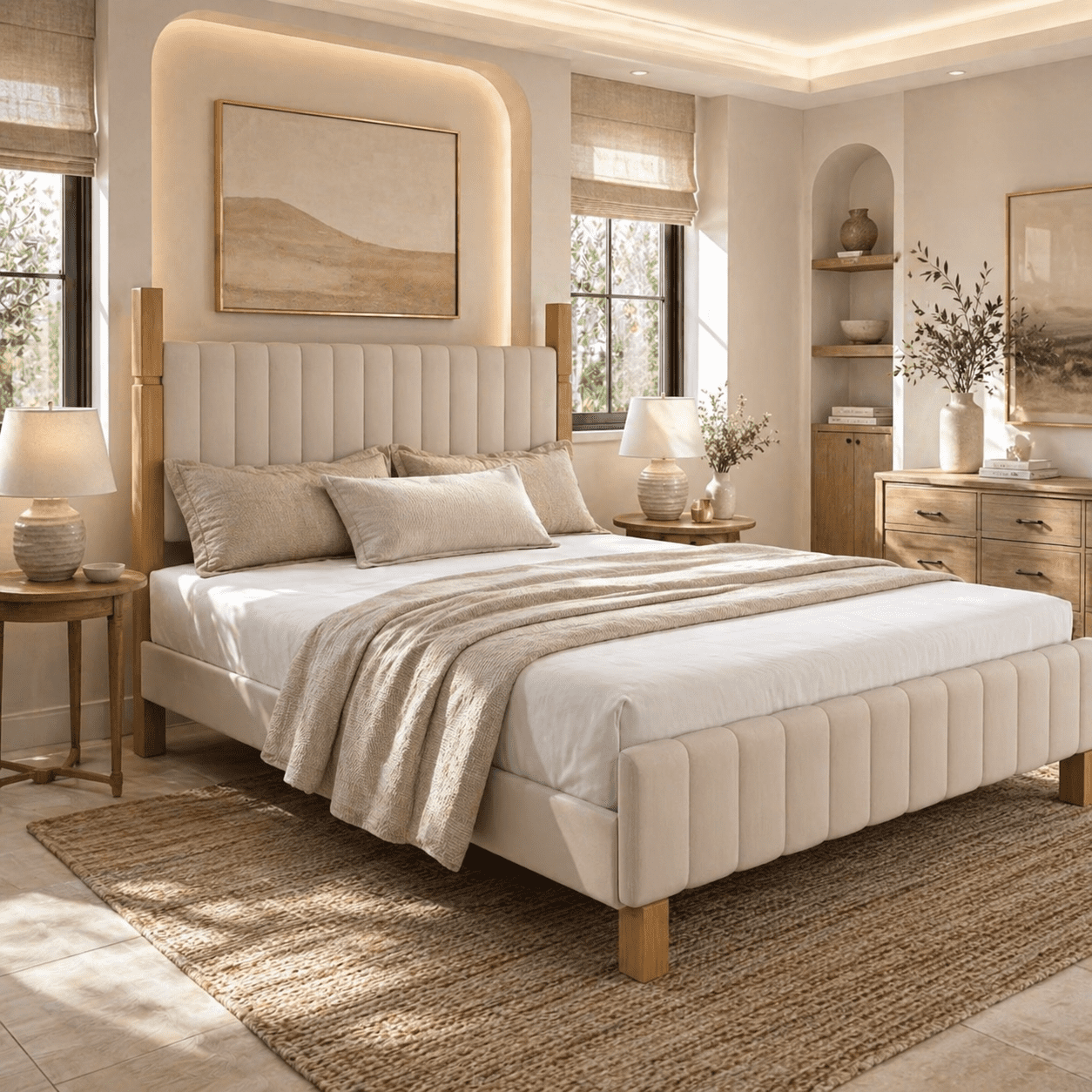 XIAO WEI California King Bed Frame with Upholstered Headboard, Solid Wood, Beige