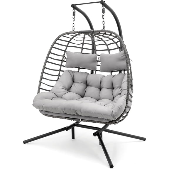 XIAO WEI Double Egg Chair with Stand, 2 Person, Thick Cushions, Indoor/Outdoor, Light Grey