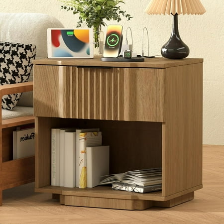 XIAO WEI End Table with Charging Station, 20W Fast Charger Fluted Side Table, Sofa Table with Drawer and Open Shelf,End Table for Living Room,Natural Wood