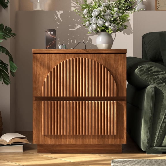 XIAO WEI Fluted Nightstand with Charging Station, Walnut