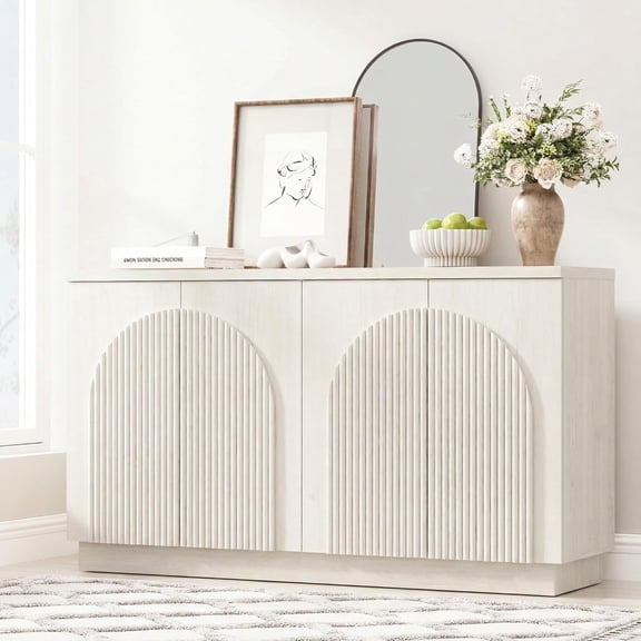 XIAO WEI Fluted Sideboard with Arched Reeded Doors, Adjustable Shelves, White Oak
