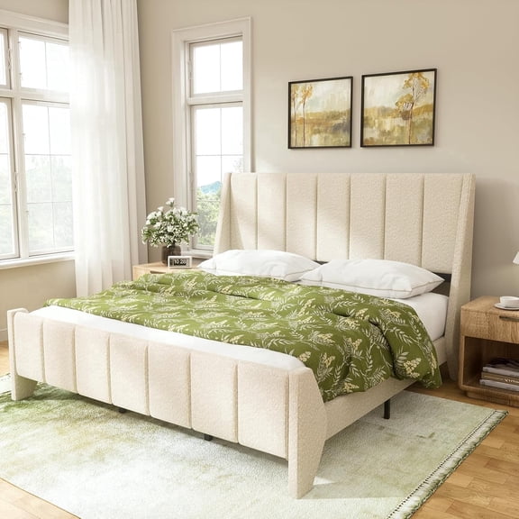 XIAO WEI Full Bed Frame - Boucle Upholstered, No Box Spring Needed