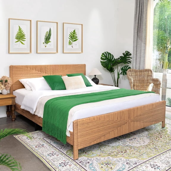 XIAO WEI Hand-Woven PE Rattan King Bed, Boho Mid-Century, Vintage Pattern, Headboard/Footboard, Metal Frame & Slats, No Box Spring, 1000lbs