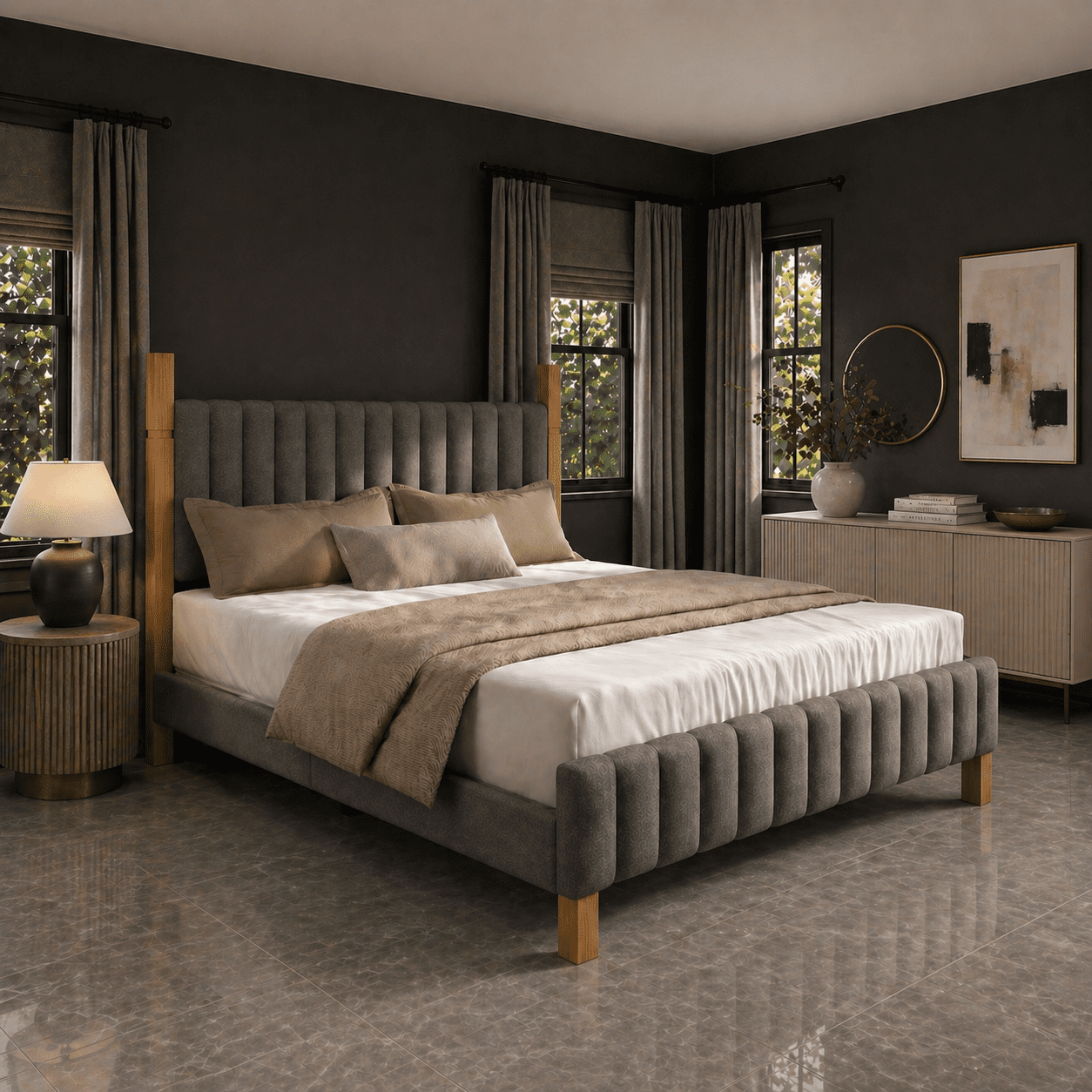 XIAO WEI King Wood Bed Frame, Upholstered Headboard, Solid Wood Posts, Grey Linen, No Box Spring