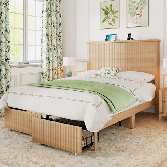 XIAO WEI Queen Bed Frame with Tall Headboard, Storage & Charging Station