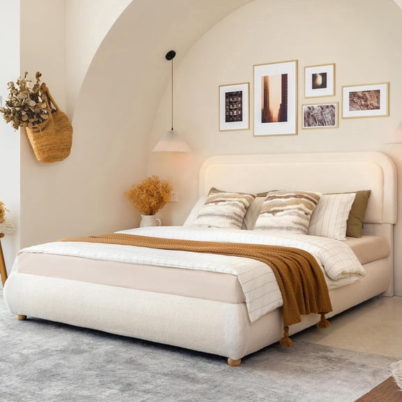 XIAO WEI Queen Cloud Bed Frame - Boucle Upholstered, No Box Spring
