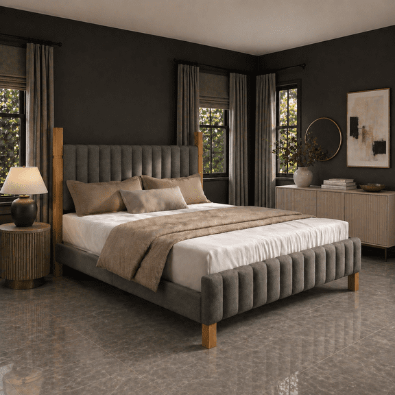 XIAO WEI Queen Wood Bed Frame, Upholstered Headboard, Solid Wood Posts, Grey Linen, No Box Spring