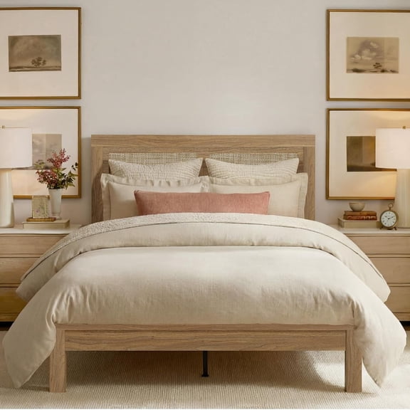XIAO WEI Rattan Boho Full Bed, Natural Walnut, Wood Headboard, Wooden Slats, Platform Bed, No Box Spring, Easy Assembly