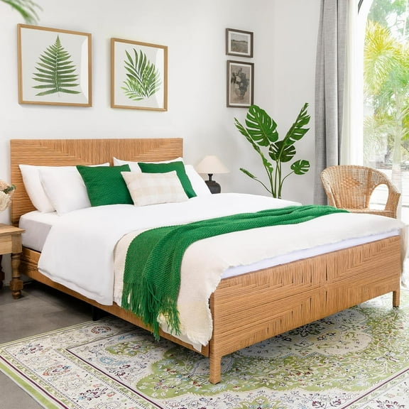 XIAO WEI Rattan Queen Bed - Boho Chic Headboard & Footboard