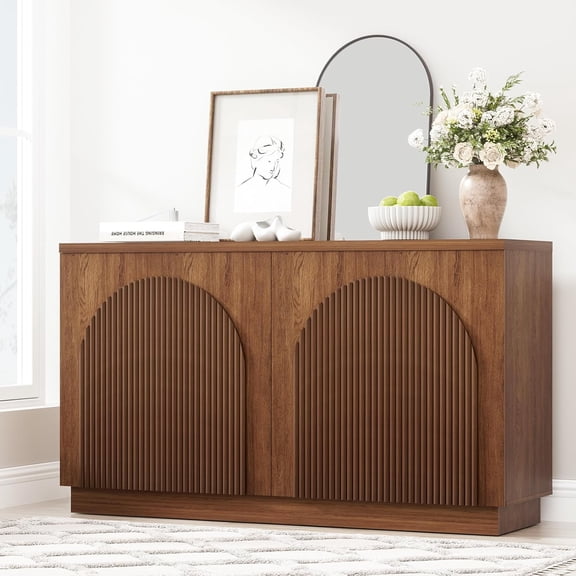 XIAO WEI Walnut Fluted Sideboard with Arched Reeded Doors, Adjustable Shelves