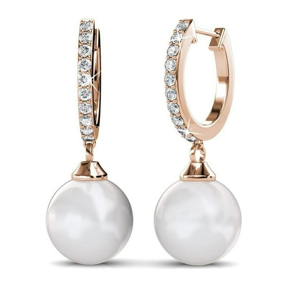 XIAOBROS 18k Rose Gold Plated Dangle Earrings with Crystals and Pearl | Drop Earrings for Women Pearl
