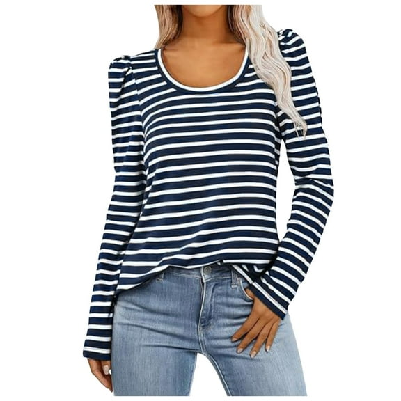 XIAOCHA 2024 Women's Knit Tops Casual Crewneck Striped Long Sleeve Puff Blouse T-Shirt