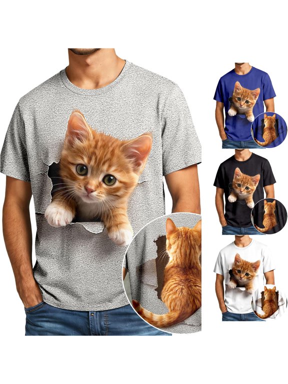 3D Orange Cat Graphic T Shirt For Men Crew Neck Short Sleeve Front Back Print Tee