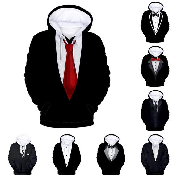 XIAOCHA 3D Suit Graphic Hoodie For Men Fake Formal Outfit Print Hooded Sweatshirt Fashion Sweatshirt, Blue, Sizes XXL