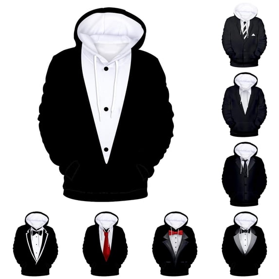 XIAOCHA 3D Suit Graphic Hoodie For Men Fake Formal Outfit Print Hooded Sweatshirt Fashion Sweatshirt, Watermelon Red, Sizes L