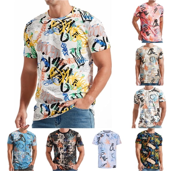 XIAOCHA Abstract Graphic Print Short Sleeve T Shirt For Men Crew Neck Streetwear Casual Tops