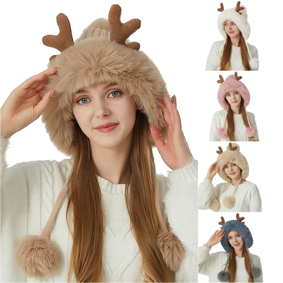 XIAOCHA Antler‑Accent Fur‑Trim Trapper for Women Solid Party Fall‑Winter Headwrap,Khaki