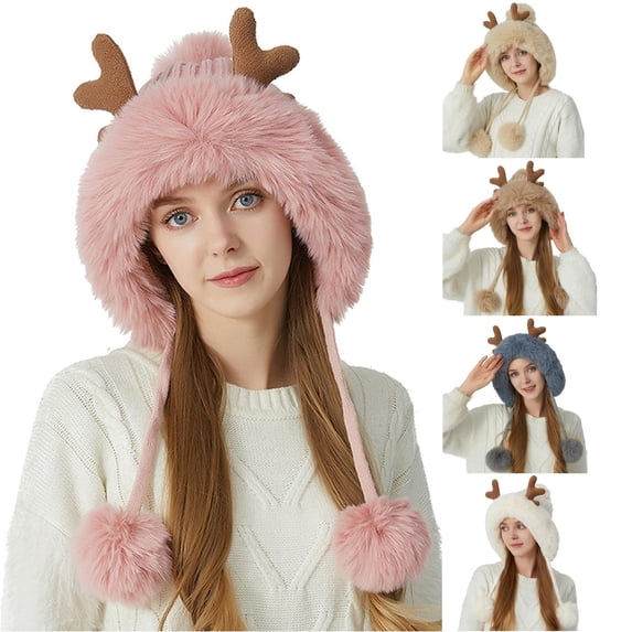XIAOCHA Antler‑Accent Fur‑Trim Trapper for Women Solid Party Fall‑Winter Headwrap,Pink