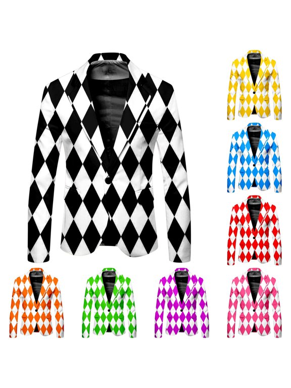 Argyle Diamond Print Blazer for Men Crisp Lapel Oktoberfest Suit Coat Halloween Party Tops,Black,Sizes M