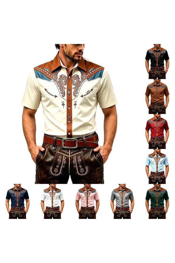 Arrow Western Embroidery Button Down Shirt For Men Short Sleeve Slim Tops Oktoberfest Bar Shirts