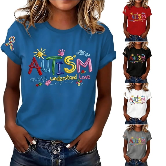 XIAOCHA Autism Awareness Letter Print T Shirt For Women Crew Neck Short Sleeve Inspirational Graphic Tee