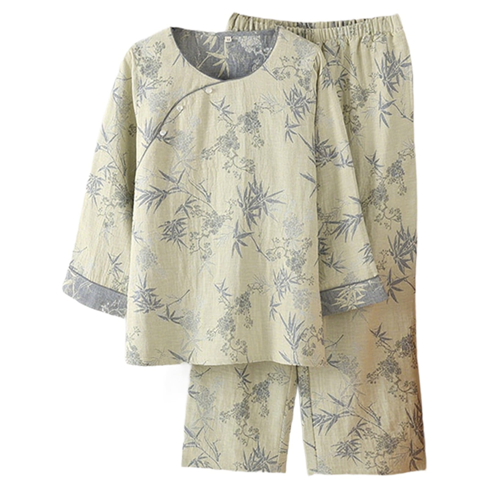 XIAOCHA Bamboo Print Long Sleeve Pajama Set For Women Diagonal Button ...