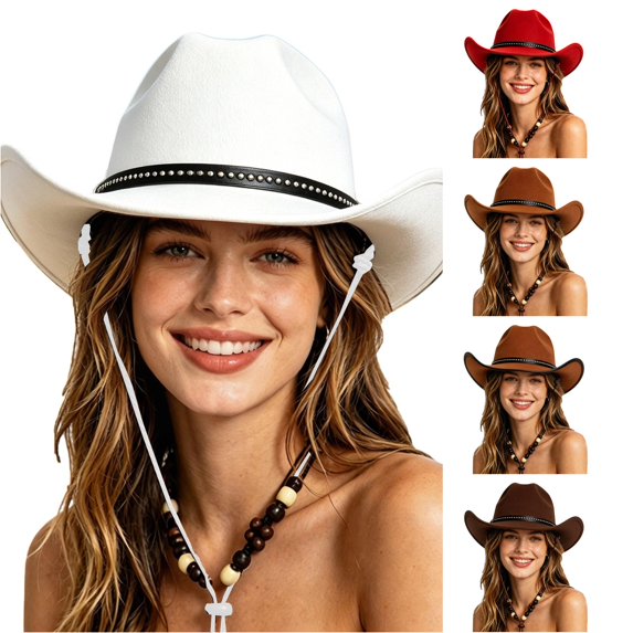 XIAOCHA Beaded Accent Cowboy Hat for Womens Shapeable Brim Outdoor Horse Riding Cowgirlhat Farm Western Hat,White