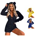 thumbnail image 1 of XIAOCHA Bear Ear Hooded Onesie for Women Zip Up Fuzzy Short Sleep Jumpsuit, 1 of 7