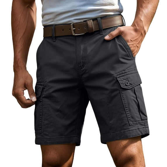 XIAOCHA Belted Waist Cargo Pocket Shorts for Men Knee Length Button Waist Pants Durable Solid Color Outdoor Casual Slacks