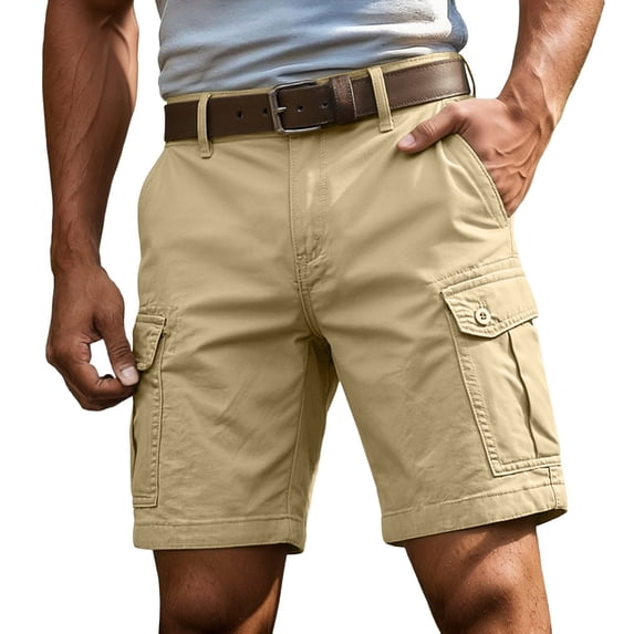 XIAOCHA Belted Waist Cargo Pocket Shorts for Men Knee Length Button Waist Pants Durable Solid Color Outdoor Casual Slacks