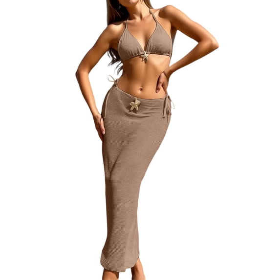 XIAOCHA Bikini And Cover Up Set For Women Halter Neck Triangle Top Drawstring Maxi Sarong Cover Ups Quick Drying Chic Beach Swimsuits