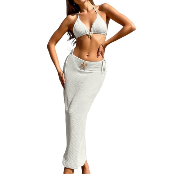 XIAOCHA Bikini And Cover Up Set For Women Halter Neck Triangle Top Drawstring Maxi Sarong Cover Ups Quick Drying Chic Beach Swimsuits