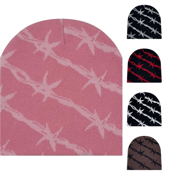 XIAOCHA Bold‑Print Beanie for Women,Jacquard Knit Fall‑Winter Outdoor Skullcap,Pink