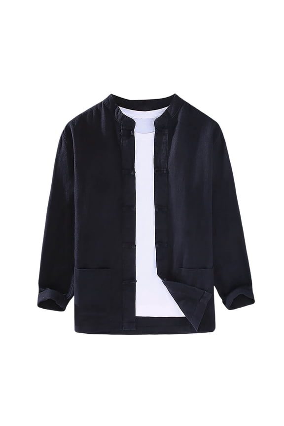 Breathable Linen Jacket For Men Long Sleeve Mandarin Collar Frog Button Tang Suit Top Lightweight Casual Daily Commute Outerwears