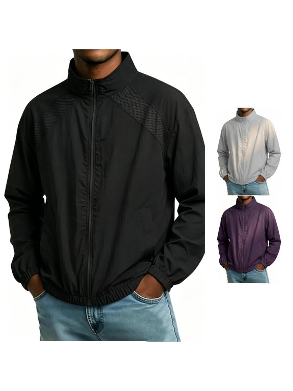 Breathable Mesh Panel Windproof Jacket For Men Slim Elastic Hem Outerwear Gym Running Windbreaker