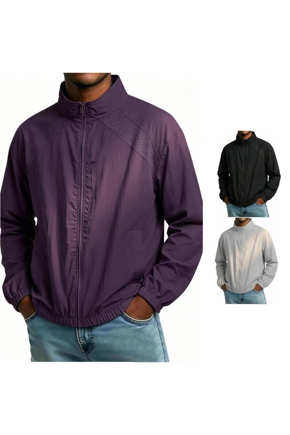 Breathable Mesh Panel Windproof Jacket For Men Slim Elastic Hem Outerwear Gym Running Windbreaker