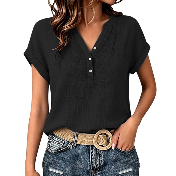 XIAOCHA Button Accent Blouse for Women Notched V Neck Rolled Casual Trendy Tops