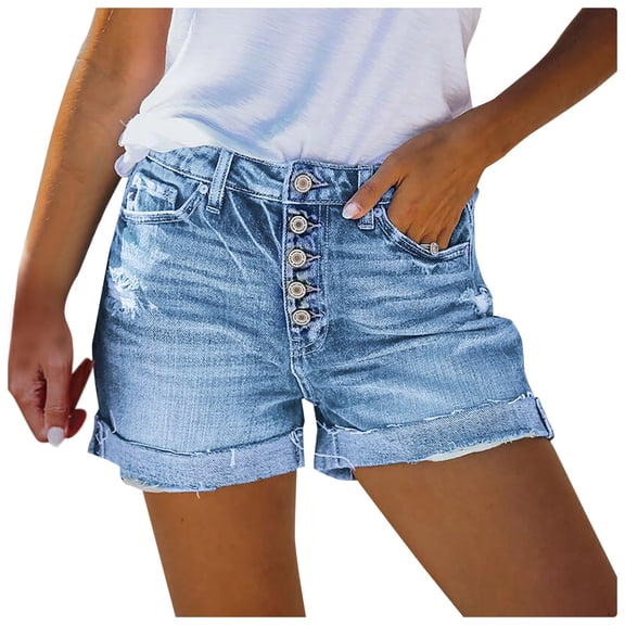 XIAOCHA Button Fly Distressed Denim Shorts For Women Cuffed Hem Casual Jean Bermudas