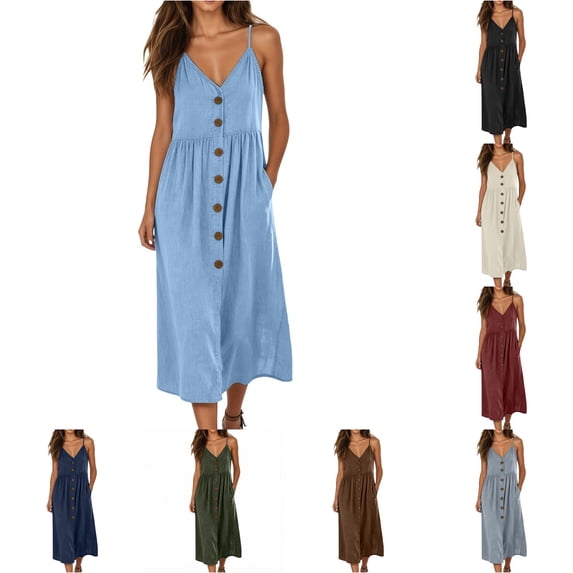 XIAOCHA Button Front Midi Dress For Women Spaghetti Strap Dress Casual Summer Outfit