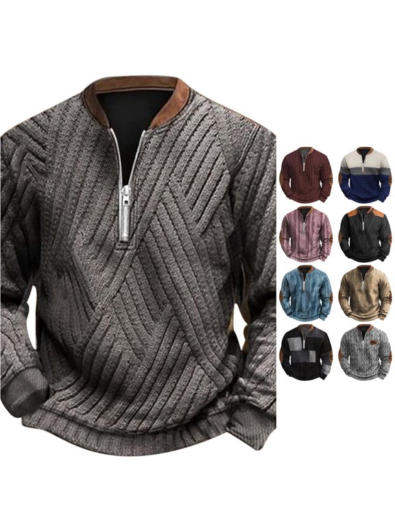 Cable Knit Quarter Zip Sweater for Men Rugged Warm Long Sleeve Casual Shoulder Elbow Patch Sweaters
