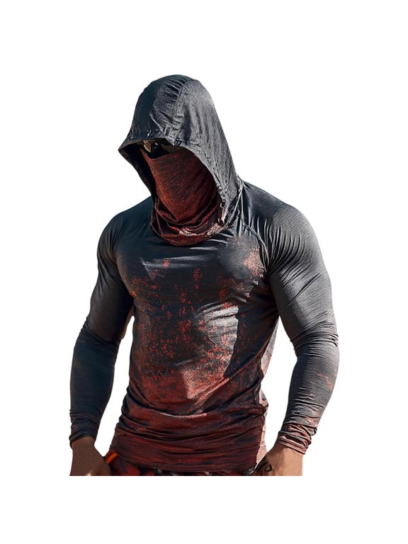 Camouflage Hooded Shirt For Men Splash Camo Print Layer Outdoor Sports Pullover Top, Dark Gray, Sizes S