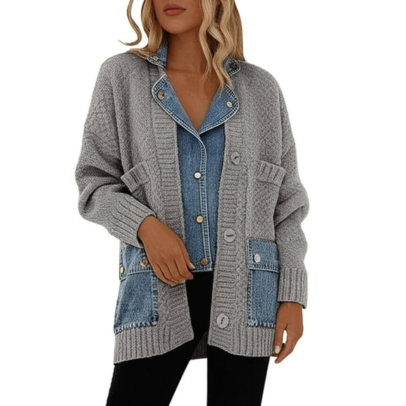 XIAOCHA Cardigans For Women Trendy Denim Two Piece Open Front Knitted Cardigan Sweater Casual Long Sleeve Comfortable Loose Outerwear Coat