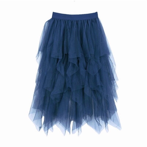 XIAOCHA Carnival Women's Elegant Tulle Midi Skirthigh Waist Layered Asymmetrical Hem Flowy Skirt Versatile Daily Party Wear