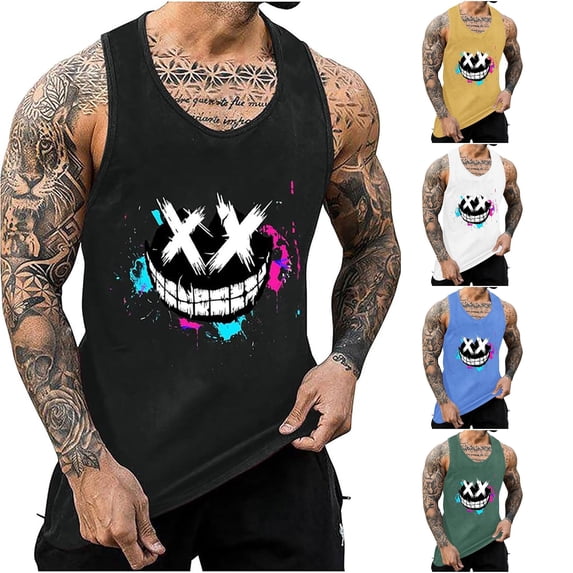 XIAOCHA Cartoon Print Tank Top For Men Sleeveless Crew Neck Workout Casual Muscle Shirt