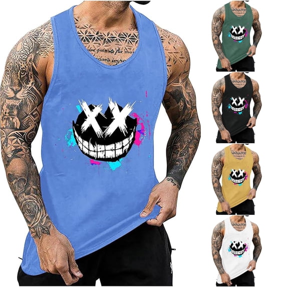 XIAOCHA Cartoon Print Tank Top For Men Sleeveless Crew Neck Workout Casual Muscle Shirt